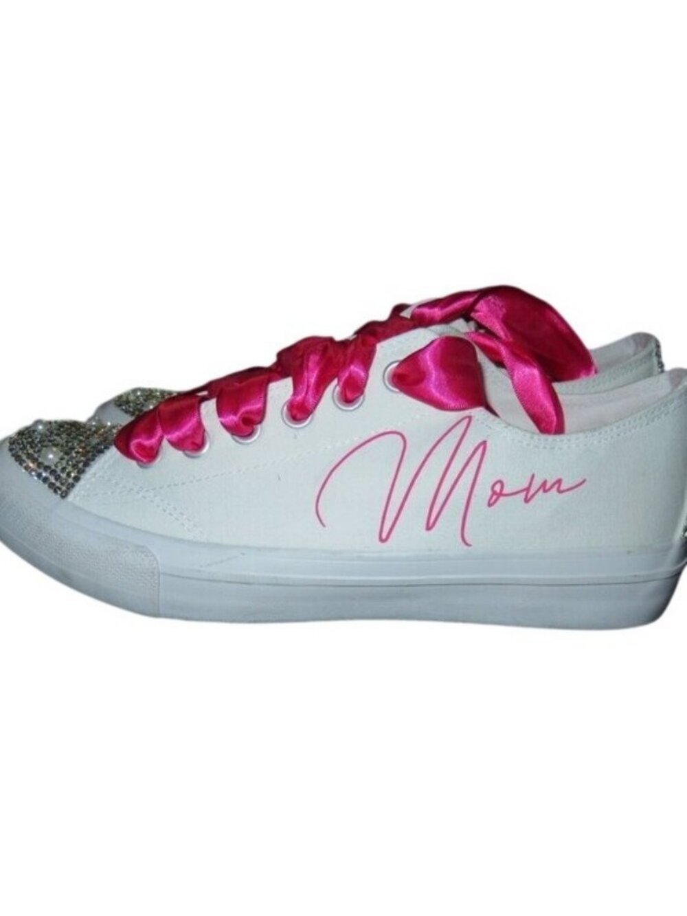 No Boundaries Mom bling platform comfort sneaker in white with pink satin laces
